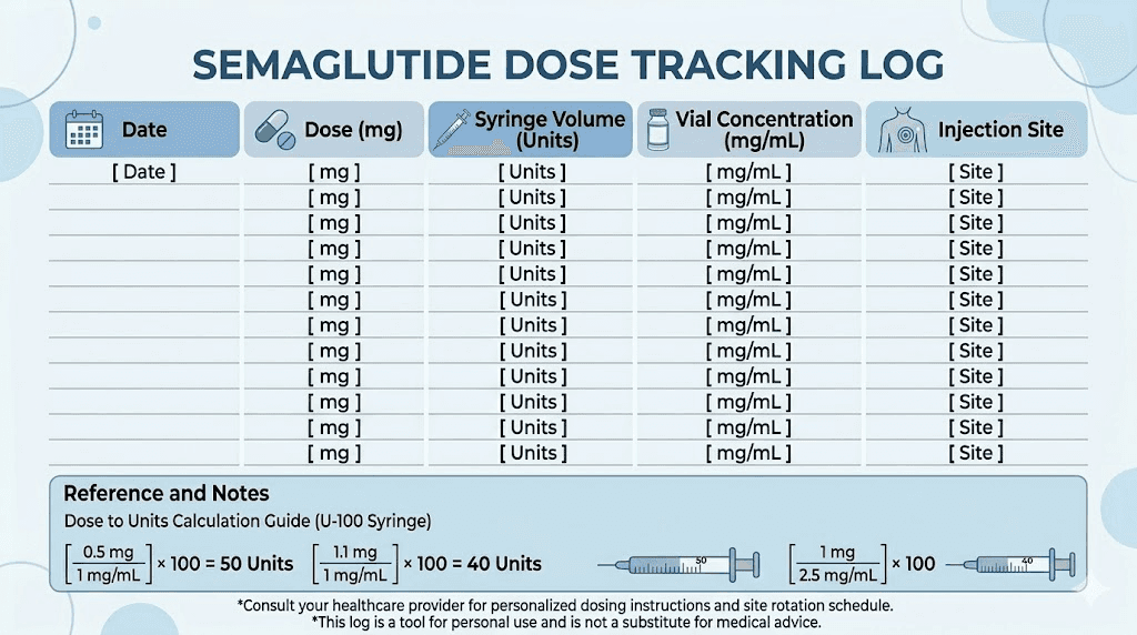 Semaglutide dose tracking log for accurate 0.5 mg dosing