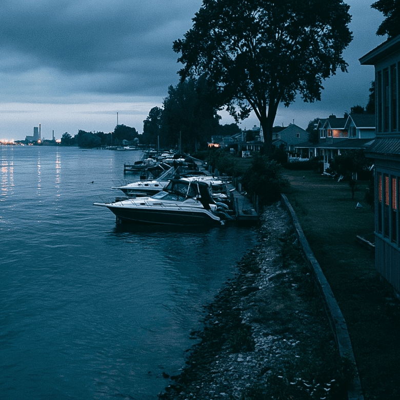St. Clair River at dusk with upbound freighter