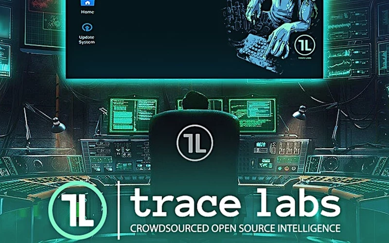 A stylized digital illustration of a high‑tech command center filled with computer screens, monitors, and illuminated control panels. A large central display and multiple workstations show data dashboards, while the Trace Labs logo and the text “trace labs — crowdsourced open source intelligence” appear prominently in the foreground, creating a futuristic intelligence and cybersecurity atmosphere.