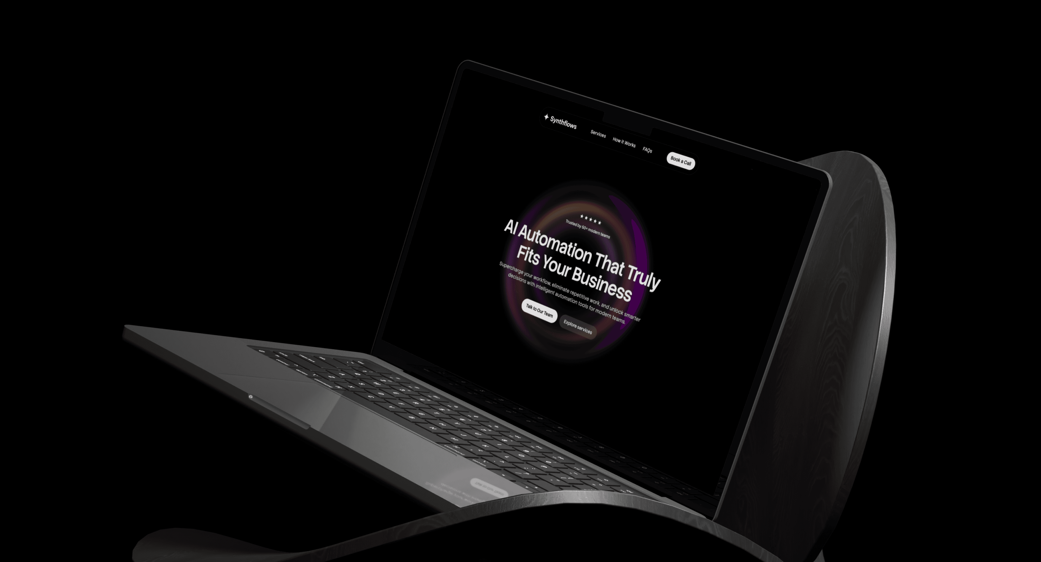 Synthflows free Framer template by Damir Cosic displayed on a MacBook showing a dark hero section with a glowing purple orb and the headline AI Automation That Truly Fits Your Business