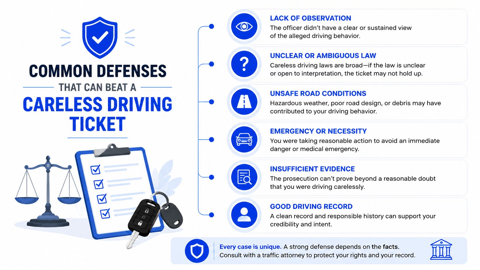 An infographic detailing common legal defenses used to challenge a careless driving ticket in court.