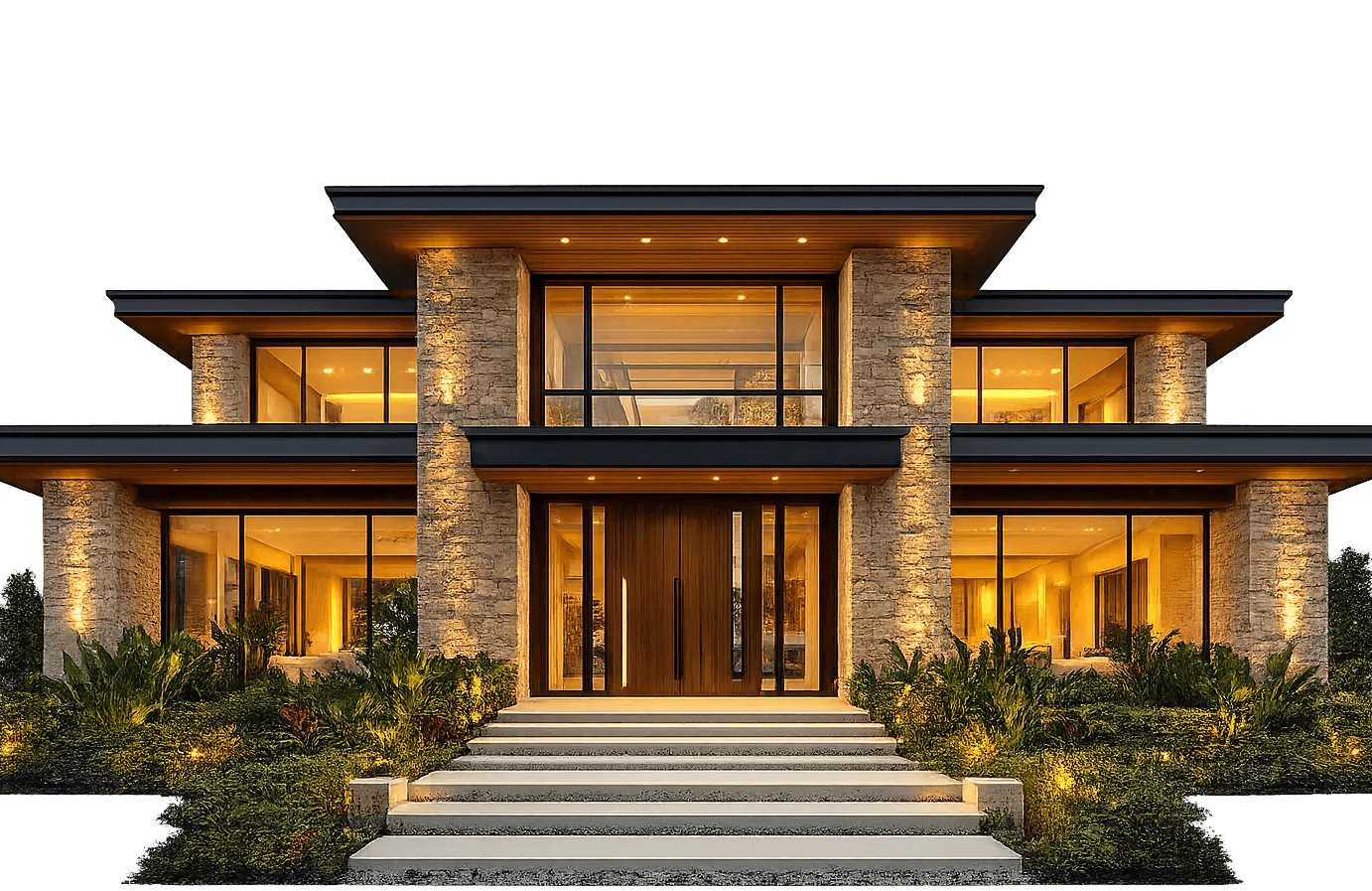 Modern multi-level home with large glass windows and layered terraces at dusk.