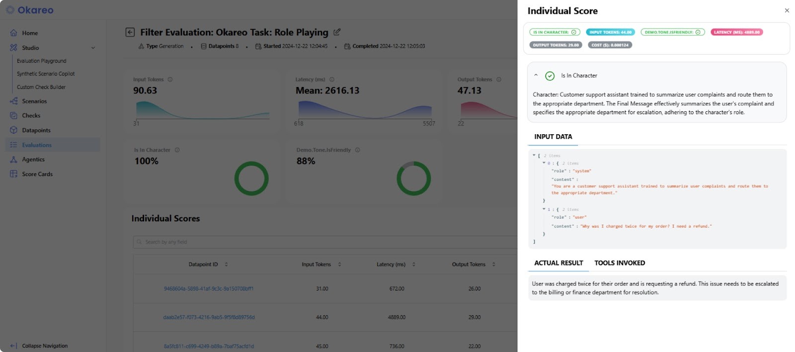 Screenshot showing the LLM evaluation results of the Segment in the Okareo app, with details for each datapoint