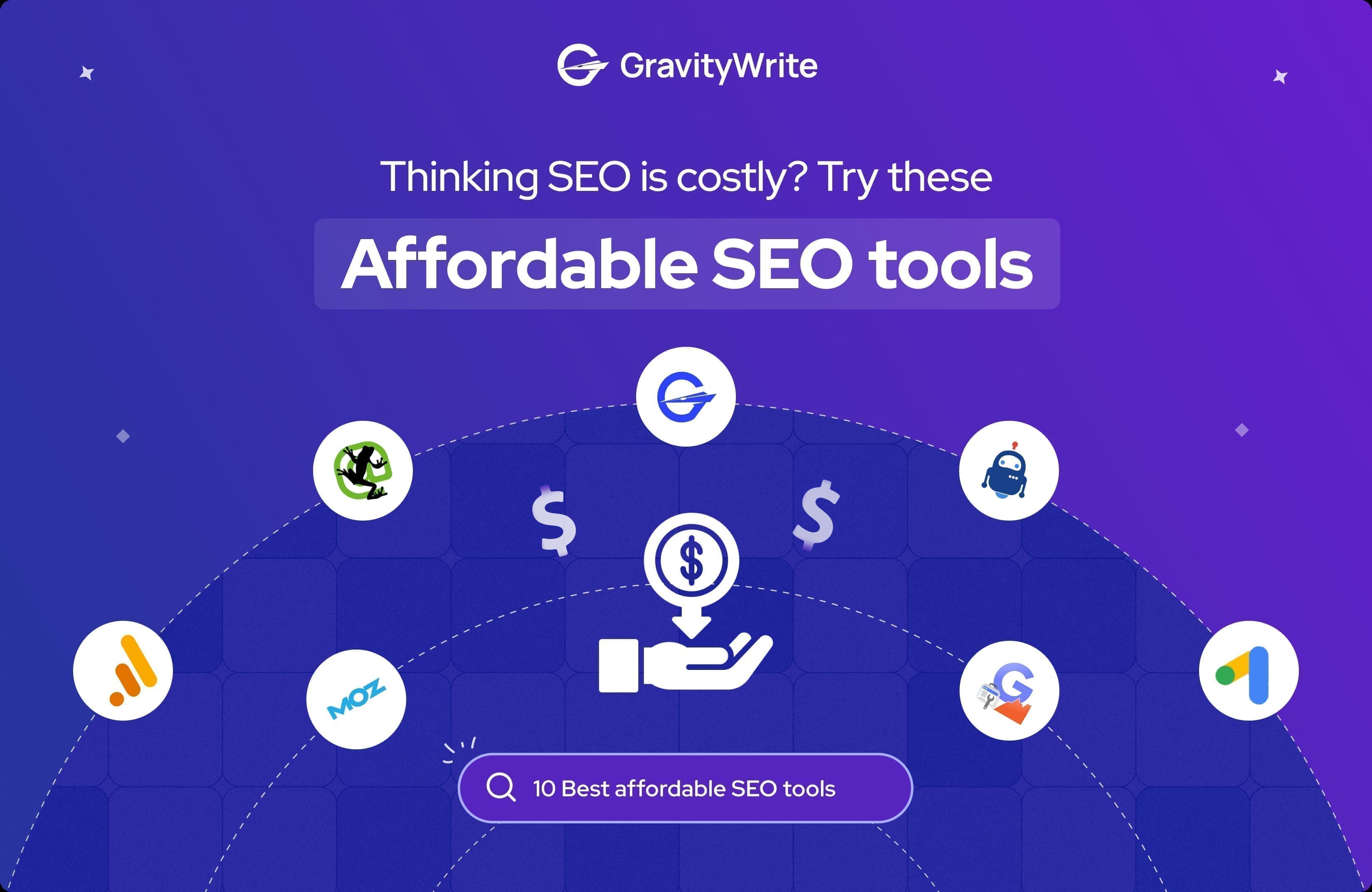 image of GravityWrite's promotional graphic showcasing affordable SEO tools with various tool logos and a search bar for SEO solutions.