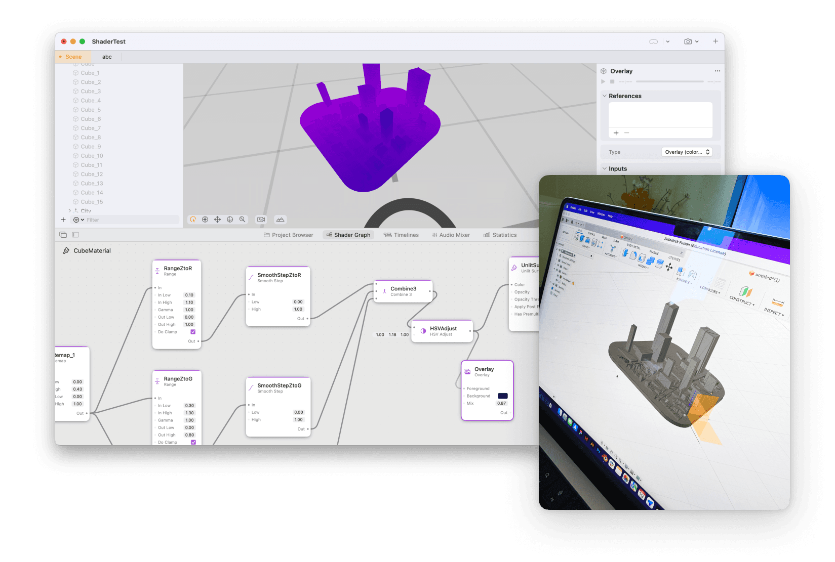 Screenshot of a 3D model and material nodes canvas