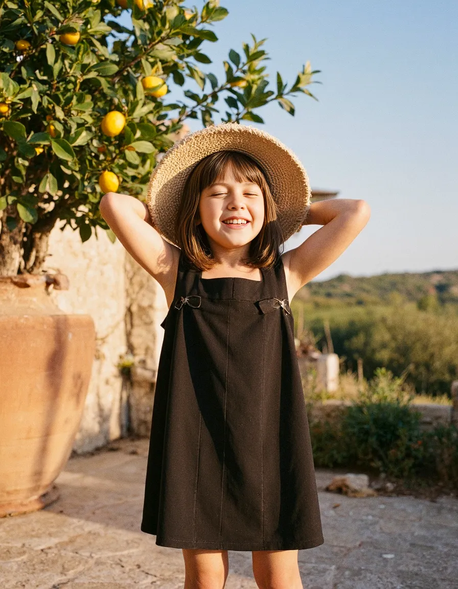 Sun-drenched summer scene with straw hat, brown dress, joyful expression beneath lemon tree in Mediterranean setting