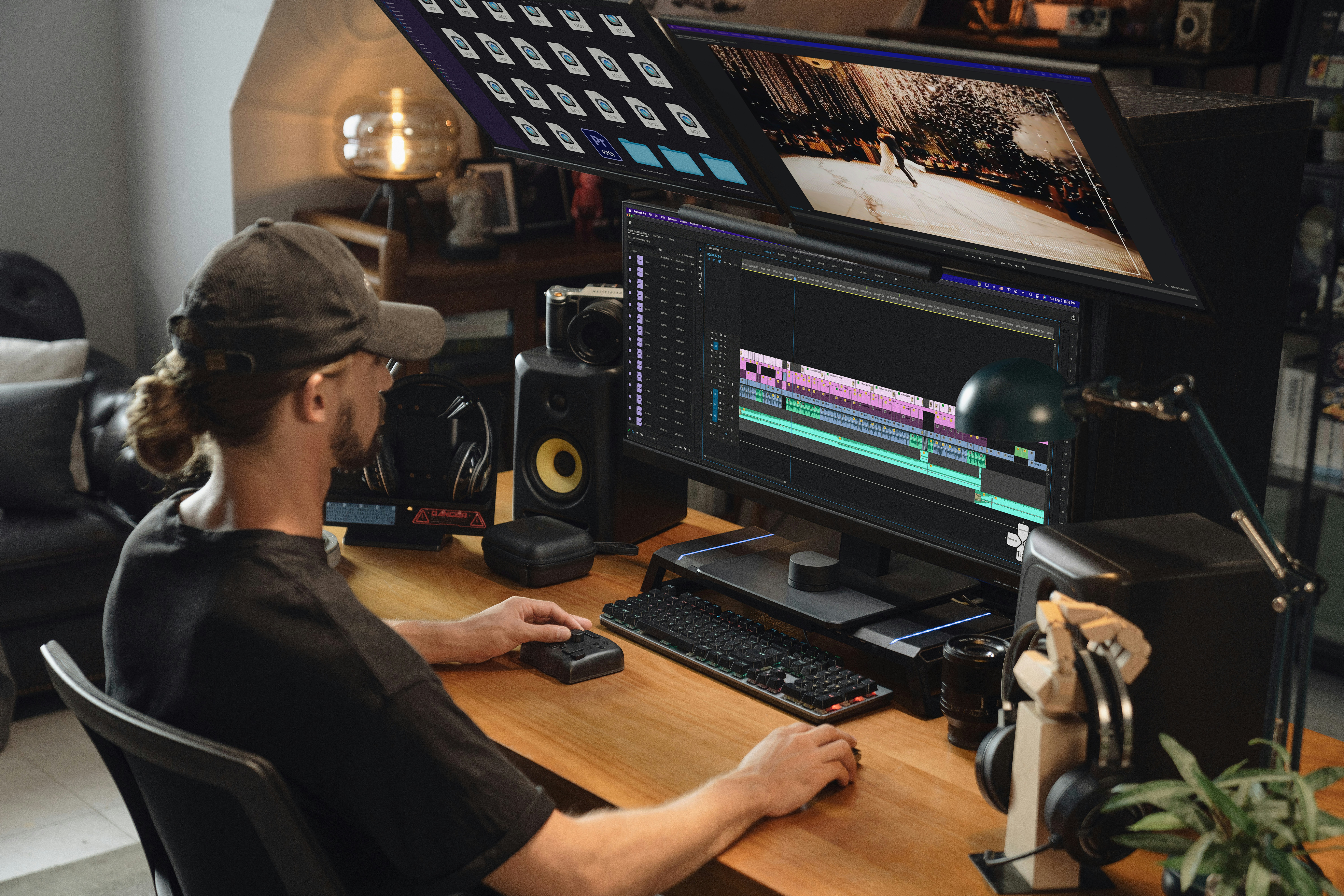 Professional video editing setup with dual monitors and Premiere Pro timeline open