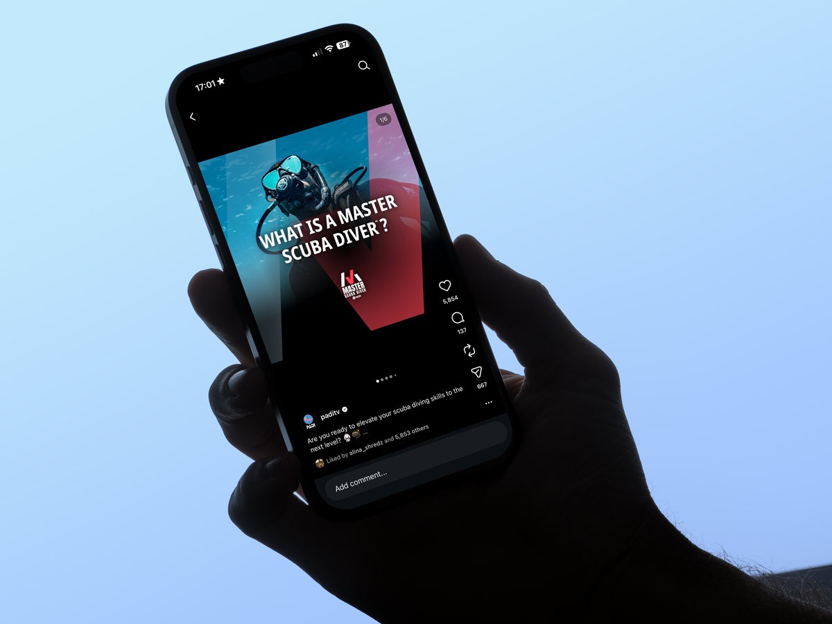Lifestyle of a Master Scuba Diver social campaign post featuring underwater photography, educational messaging, and achievement-focused branding displayed within a mobile social media interface.