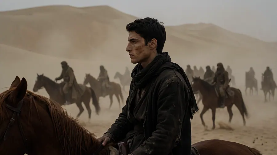 A rider in the dust of a desert track, mounted men behind him