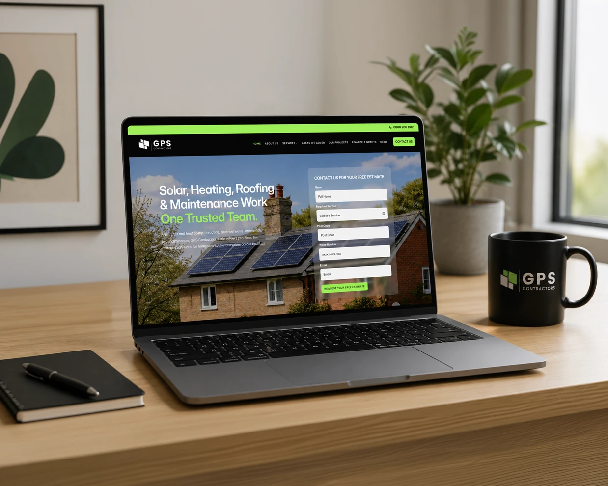 Laptop displaying GPS Contractors website with estimate form