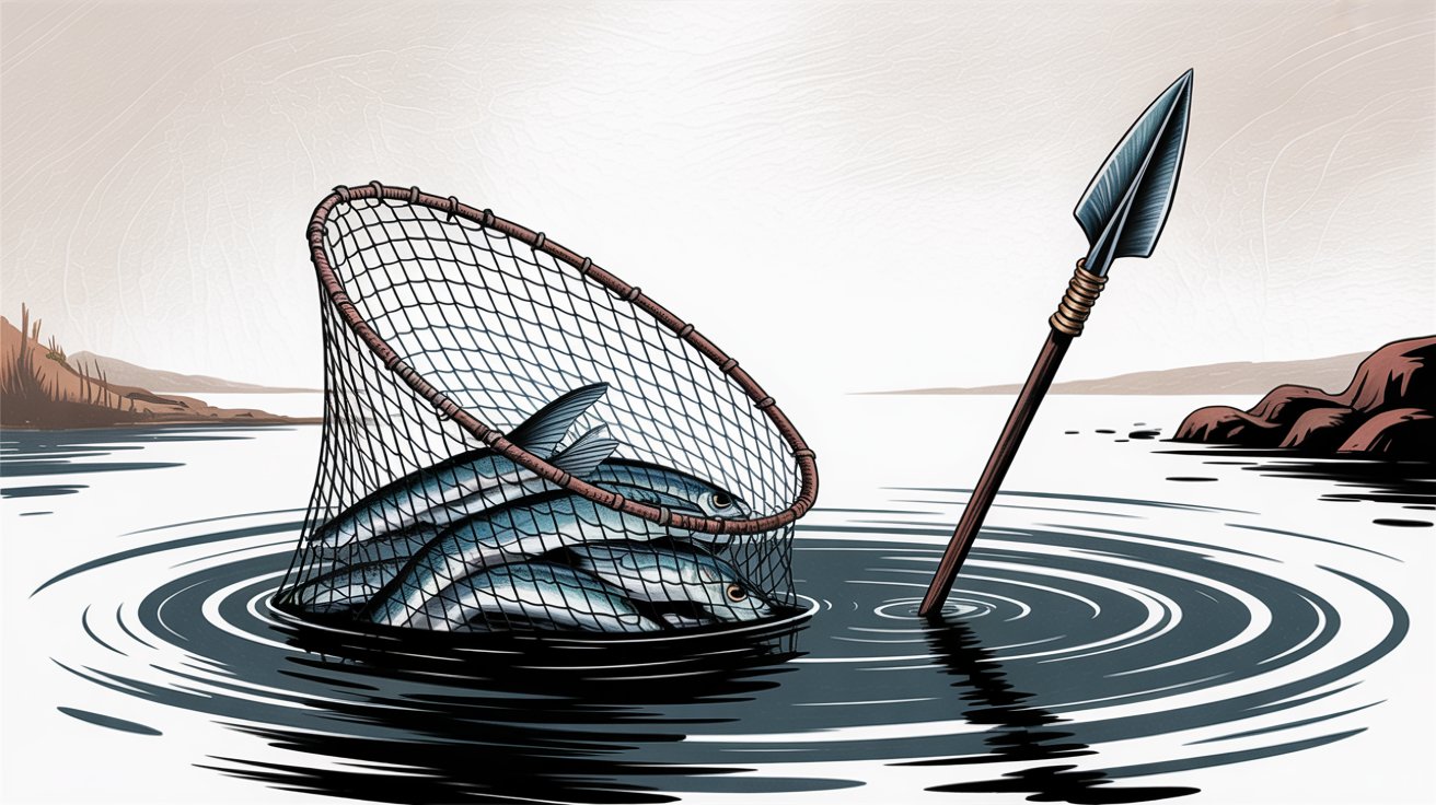 Visual metaphor comparing inbound sales as casting a wide net versus outbound sales as targeted spear fishing