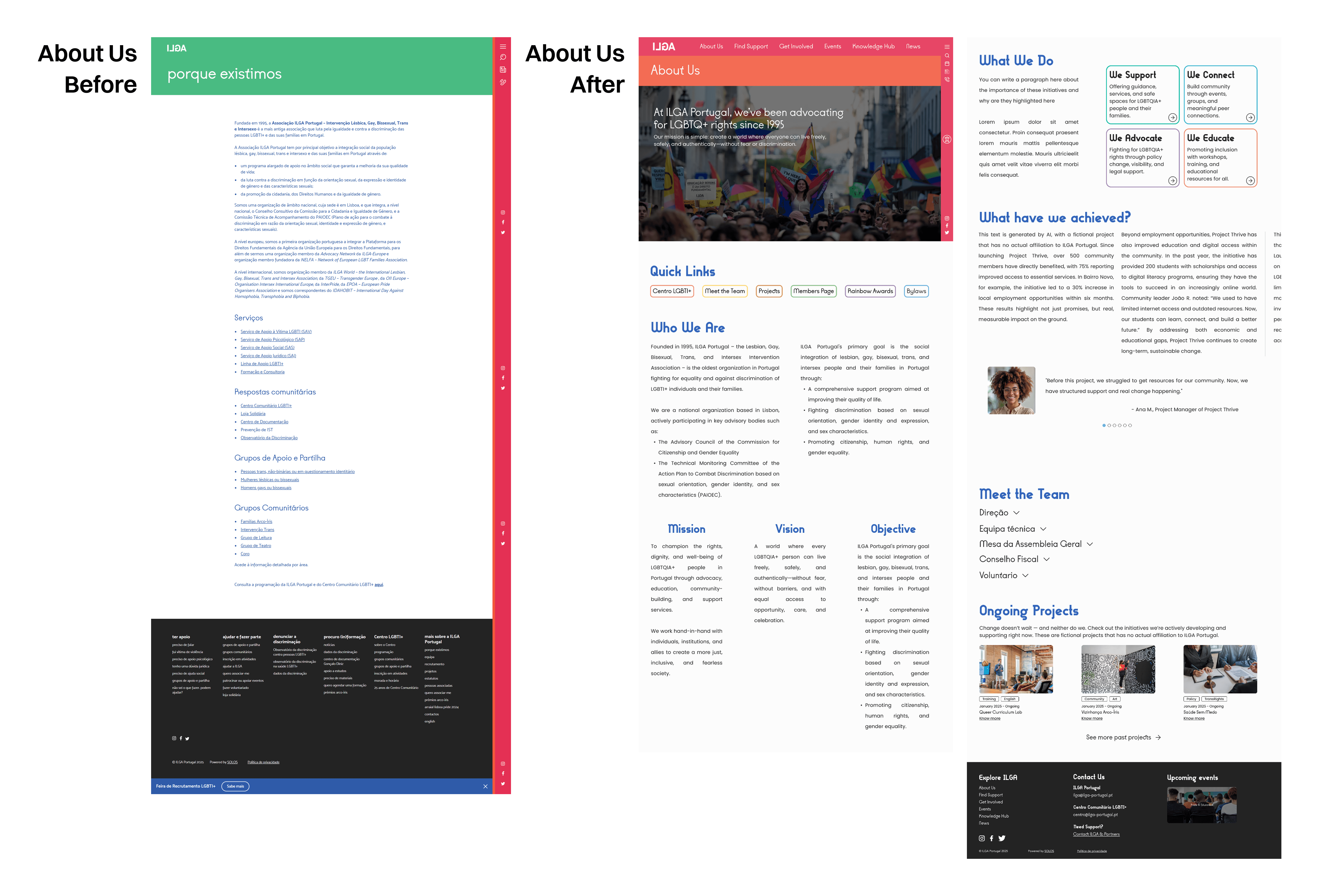 Before-and-after comparison of the ILGA Portugal About Us page.