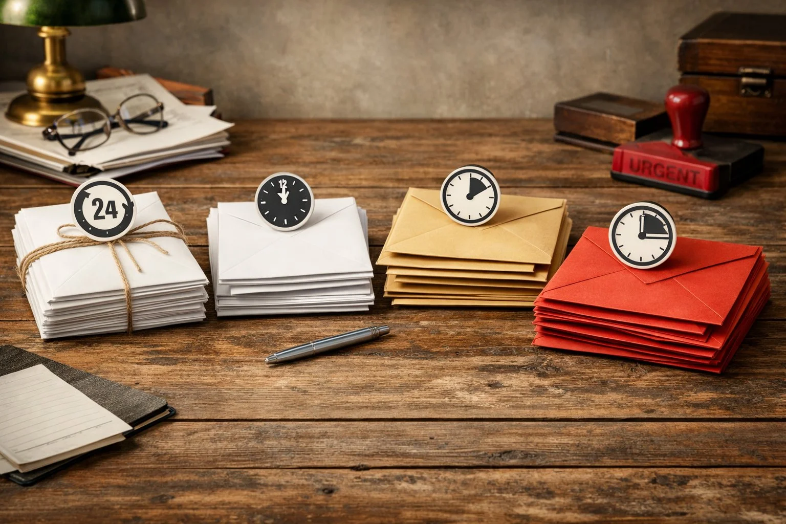 Tabletop scene with grouped envelopes, each marked by a clock icon showing different time ranges, representing different types of notices.