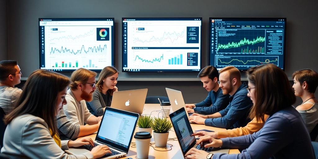 People analyzing data on laptops.