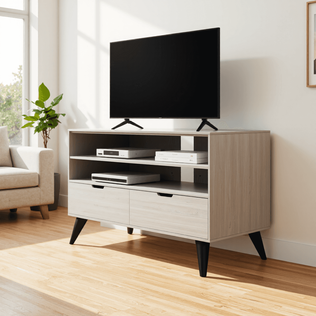 product photography of a modern TV stand with storage compartments
