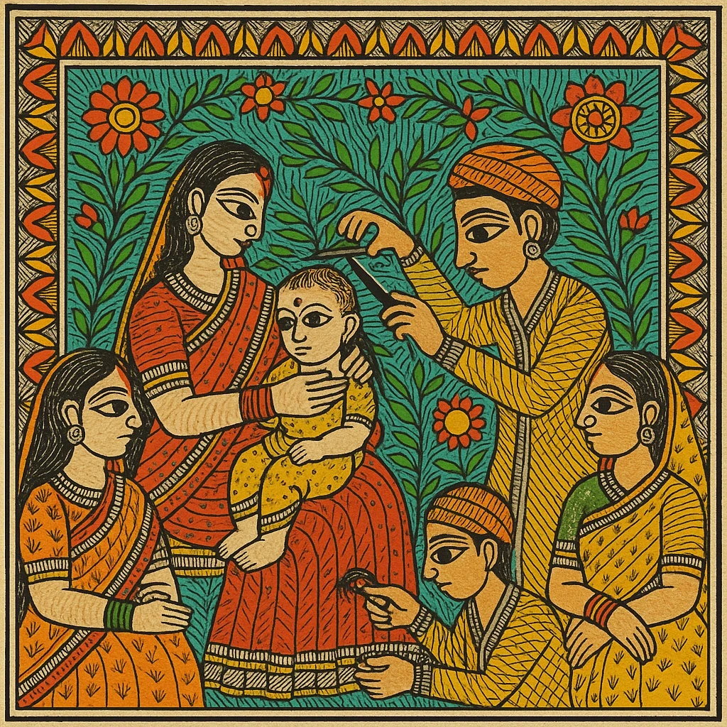 Hair cut, Indian child, Barber, Mother, womenfolk singing