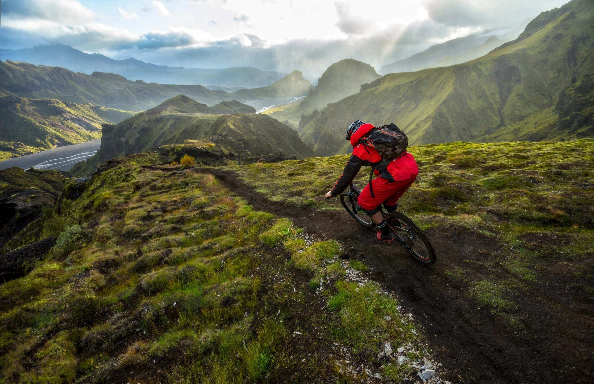 Riding bike through mountains in Iceland