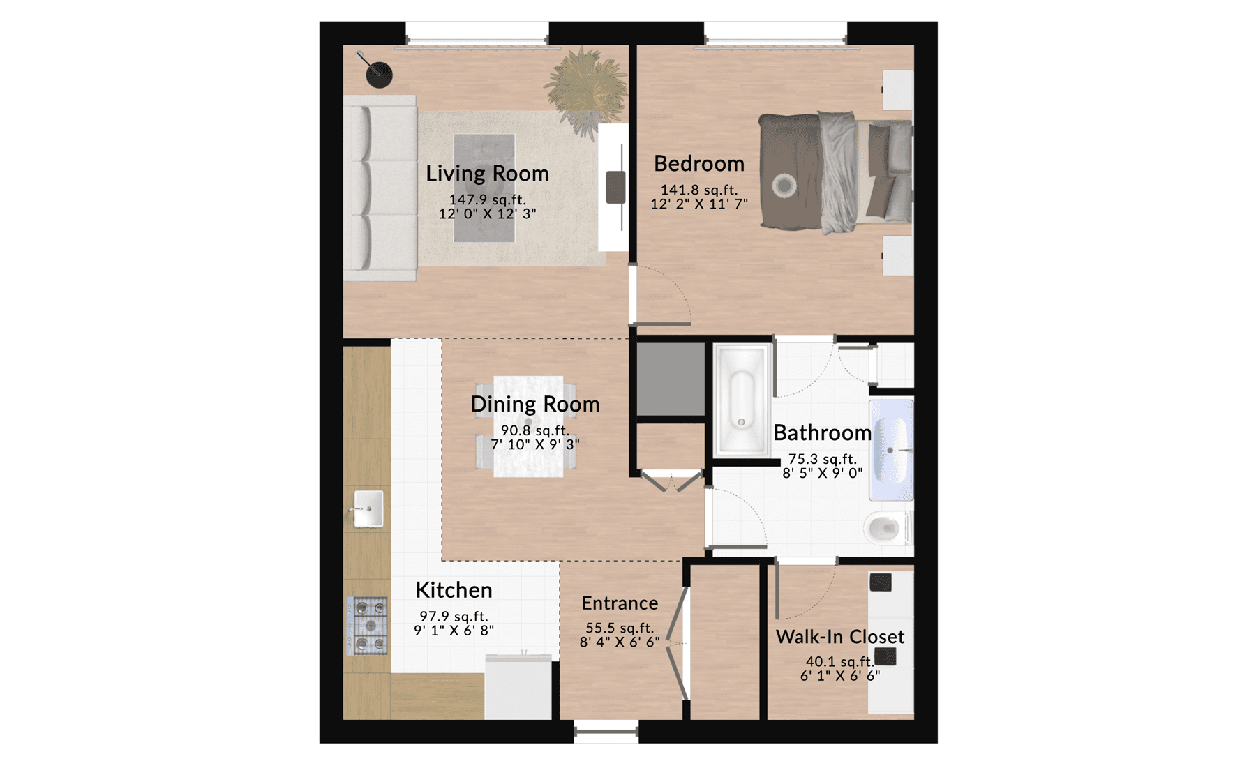 Furnished one-bedroom apartment floor plan with a living room, bedroom, dining room, kitchen, bathroom, entrance, and walk-in closet designed for small spaces.