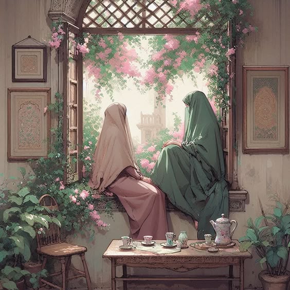 Two Muslim women in hijab sitting by an open window overlooking a lush garden, with tea set on a table.