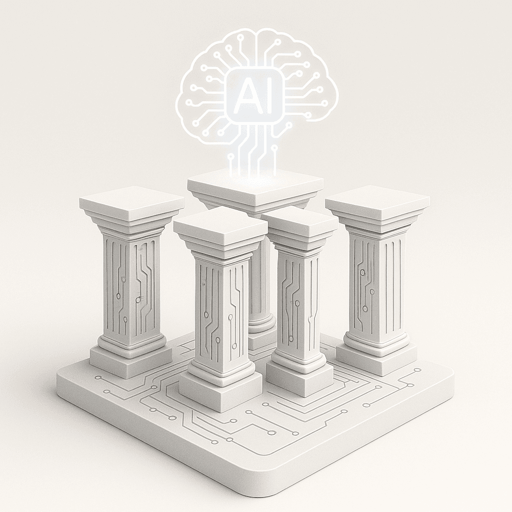 Four abstract pillars support a glowing AI chip, symbolizing the foundational elements of AI-ready data.