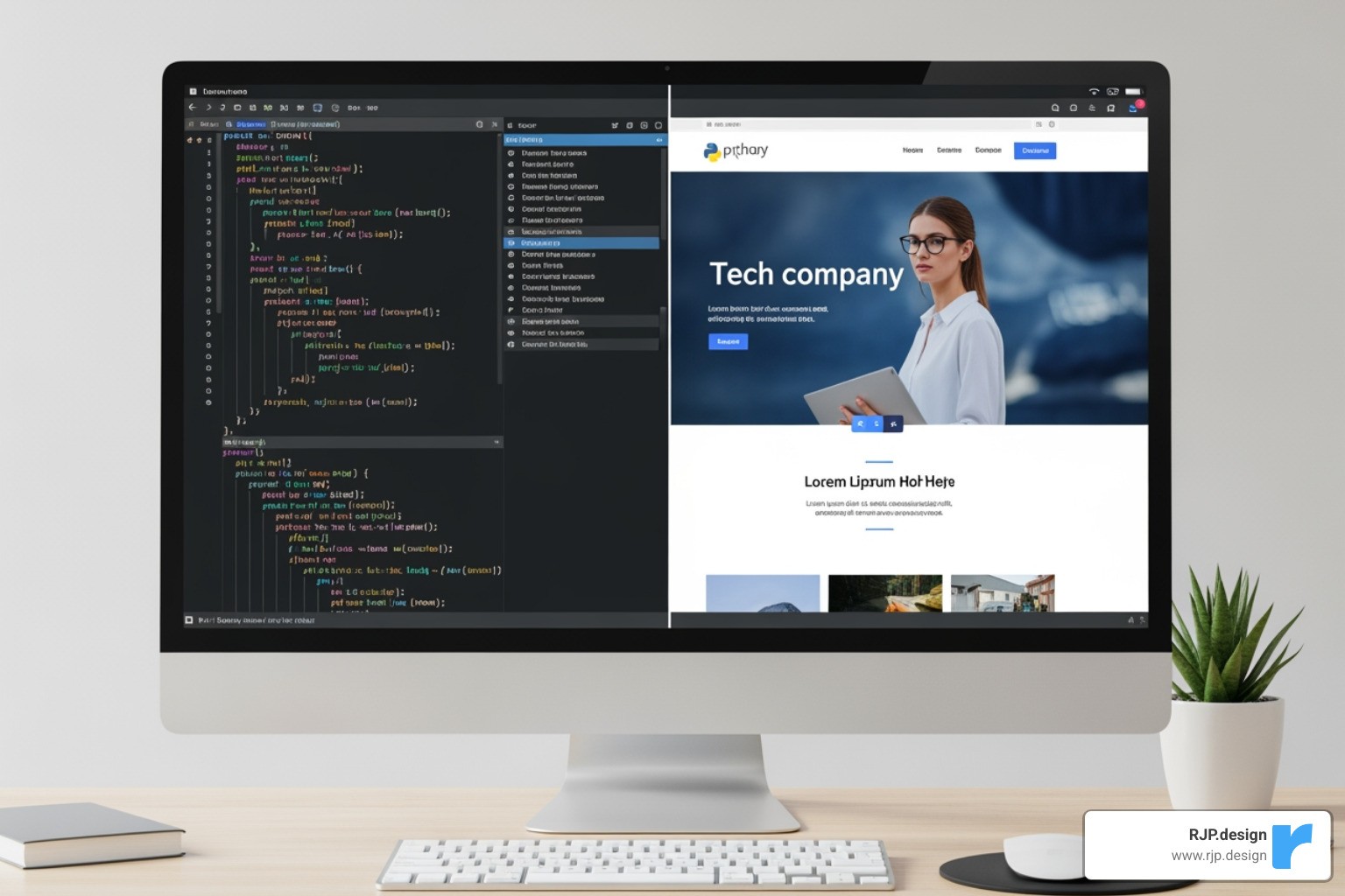 developer's screen showing code and a finished website design - web development company in new york city