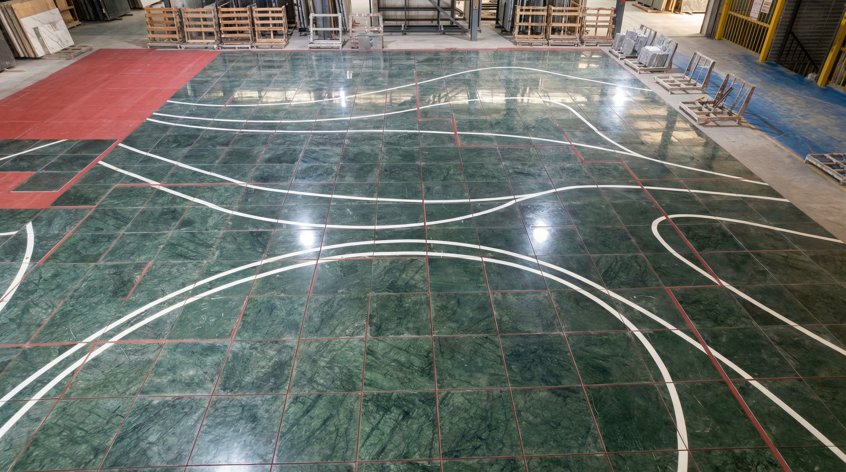 Workshop dry-lay inspection of large-scale green marble flooring with curved white stone inlays by NOVA STONE.