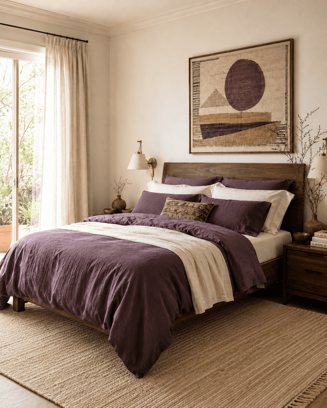 Boho bedroom interior with earthy undertones, featuring a wooden bed frame, plum and cream bedding, vintage patterned rug, abstract wall art, and natural light from a large window. Modern bohemian decor with warm, inviting undertones.