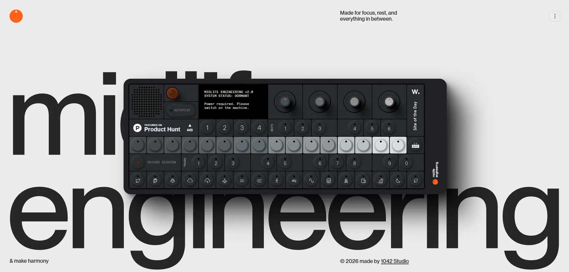 Midlife Engineering website featuring an interactive hero section inspired by a hardware synthesizer with immersive micro-interactions.