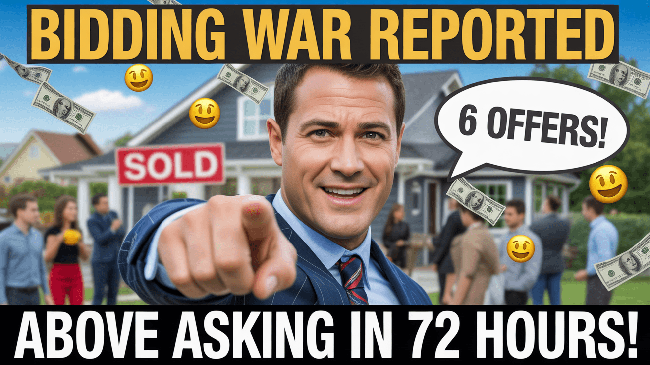 Realtor pointing at house with BIDDING WAR REPORTED and Above Asking in 72 Hours text