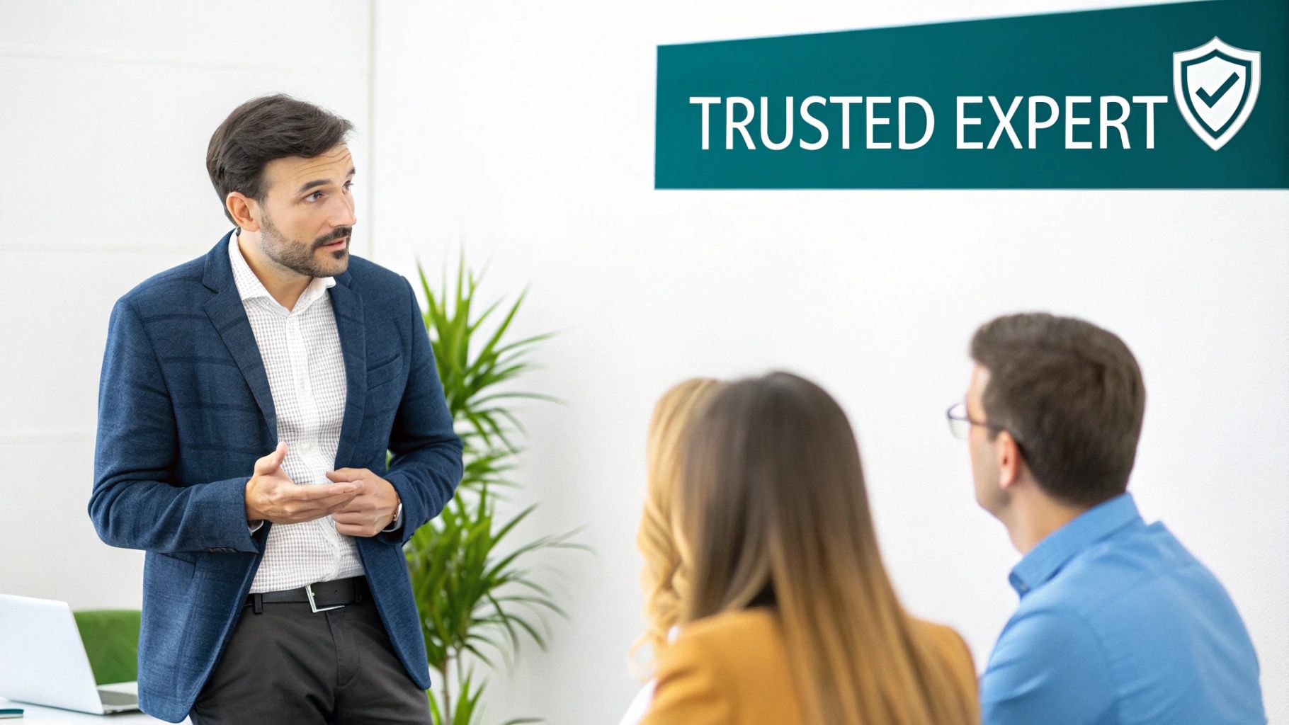 Professional business consultant presenting trusted expert credentials to clients in modern office meeting