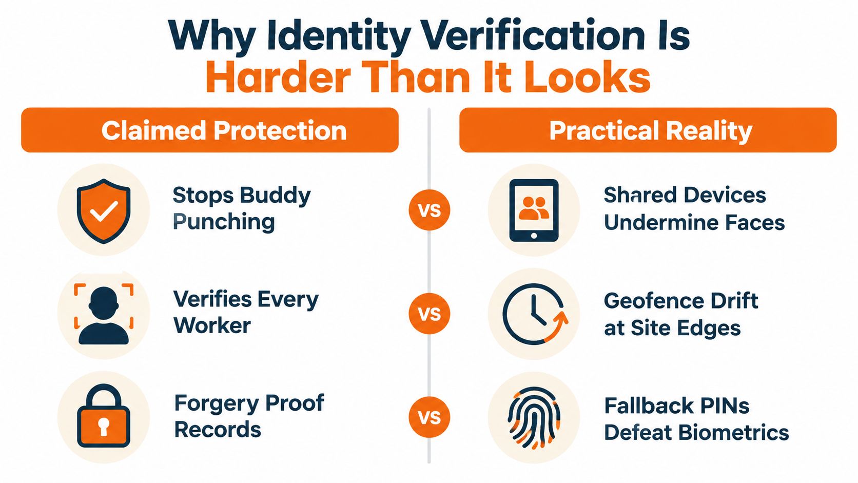 A comparison chart showing how actual limitations undermine claimed identity verification security for employee time tracking software.
