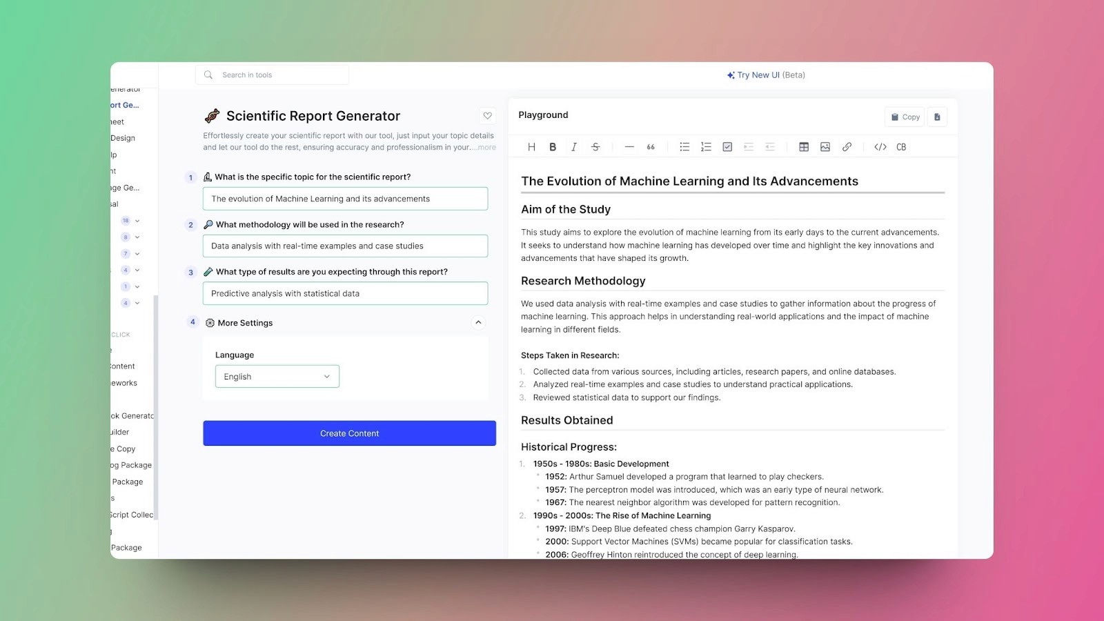 A screenshot of GravityWrite's Scientific Report Generator tool outlining the evolution of machine learning and its advancements.