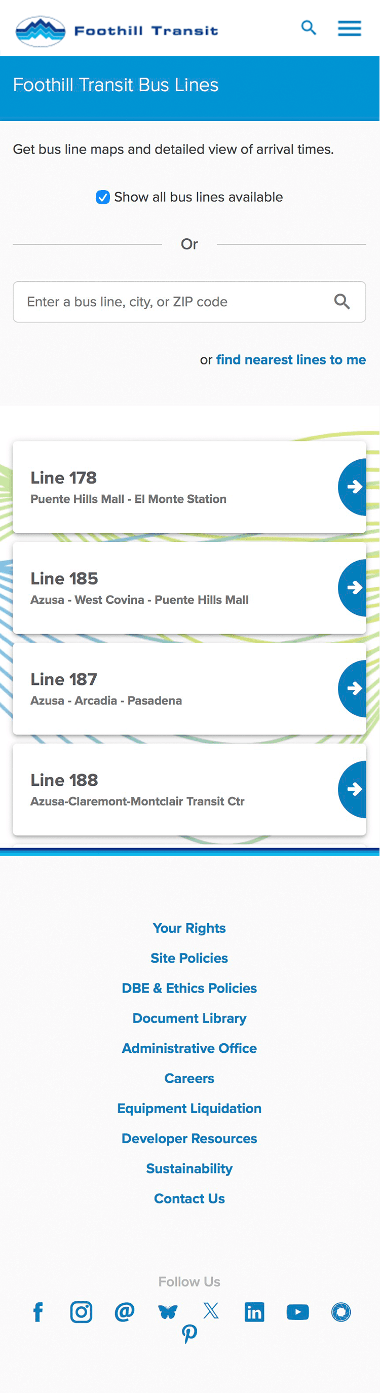 Foothilltransit.org mobile site displaying a list of bus lines currenty running
