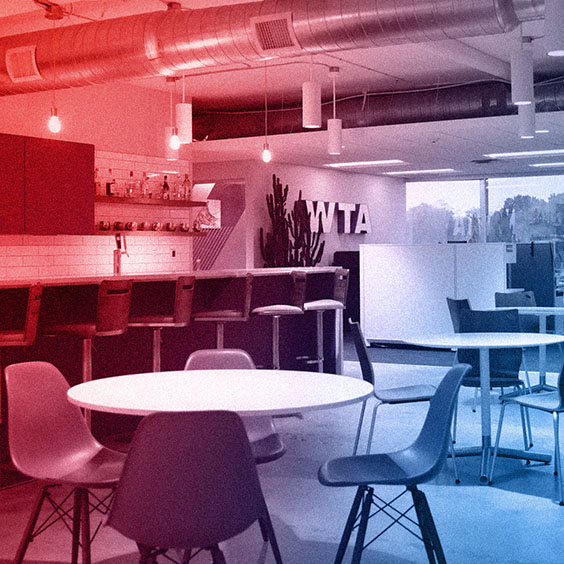 WTADS kitchen eating area with red blue gradient overlay.