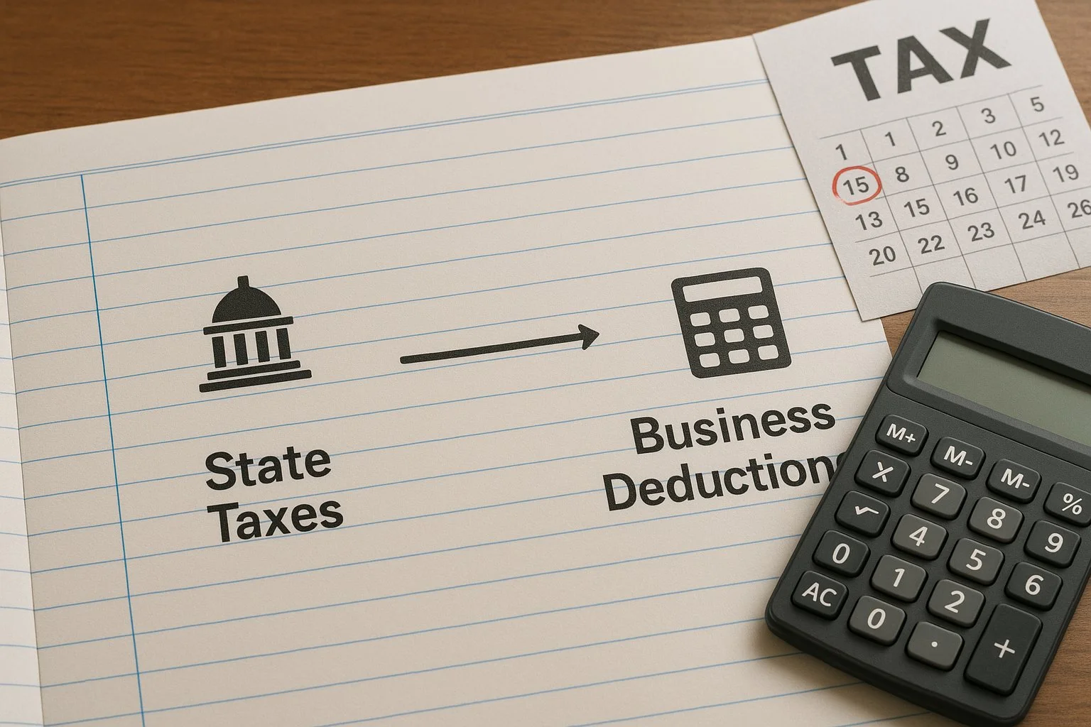 Close-up of a ledger showing state taxes moving toward business deductions with simple icons, beside a calculator and a tax calendar.