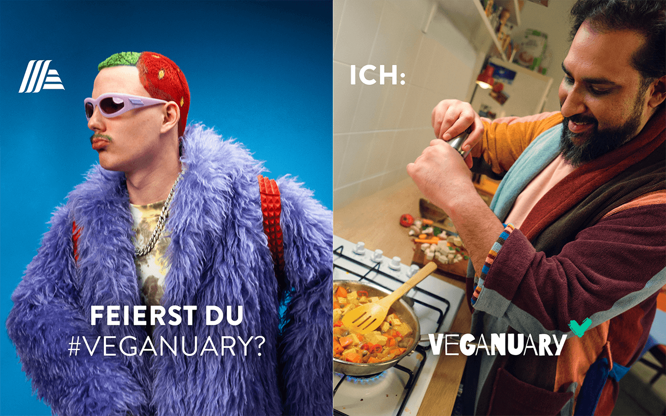 Split-screen social content contrasting social media food trends with everyday home cooking during Veganuary.
