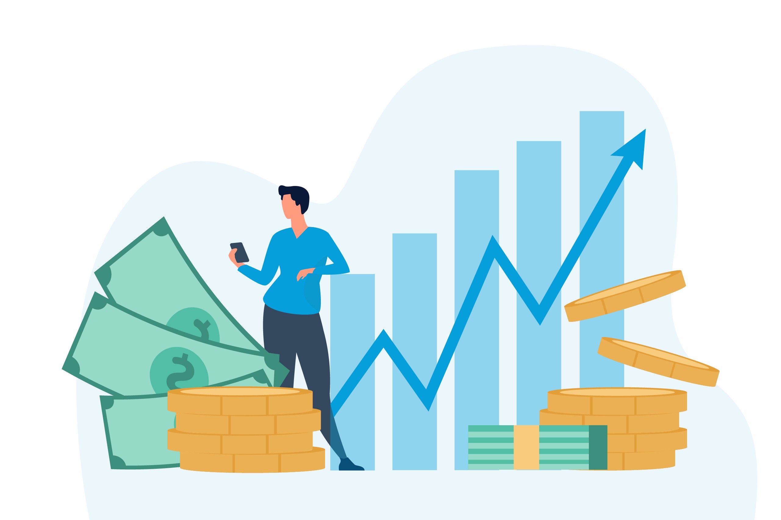 Financial illustration of a man with a smartphone standing next to stacks of cash and a rising bar graph showing profit growth.