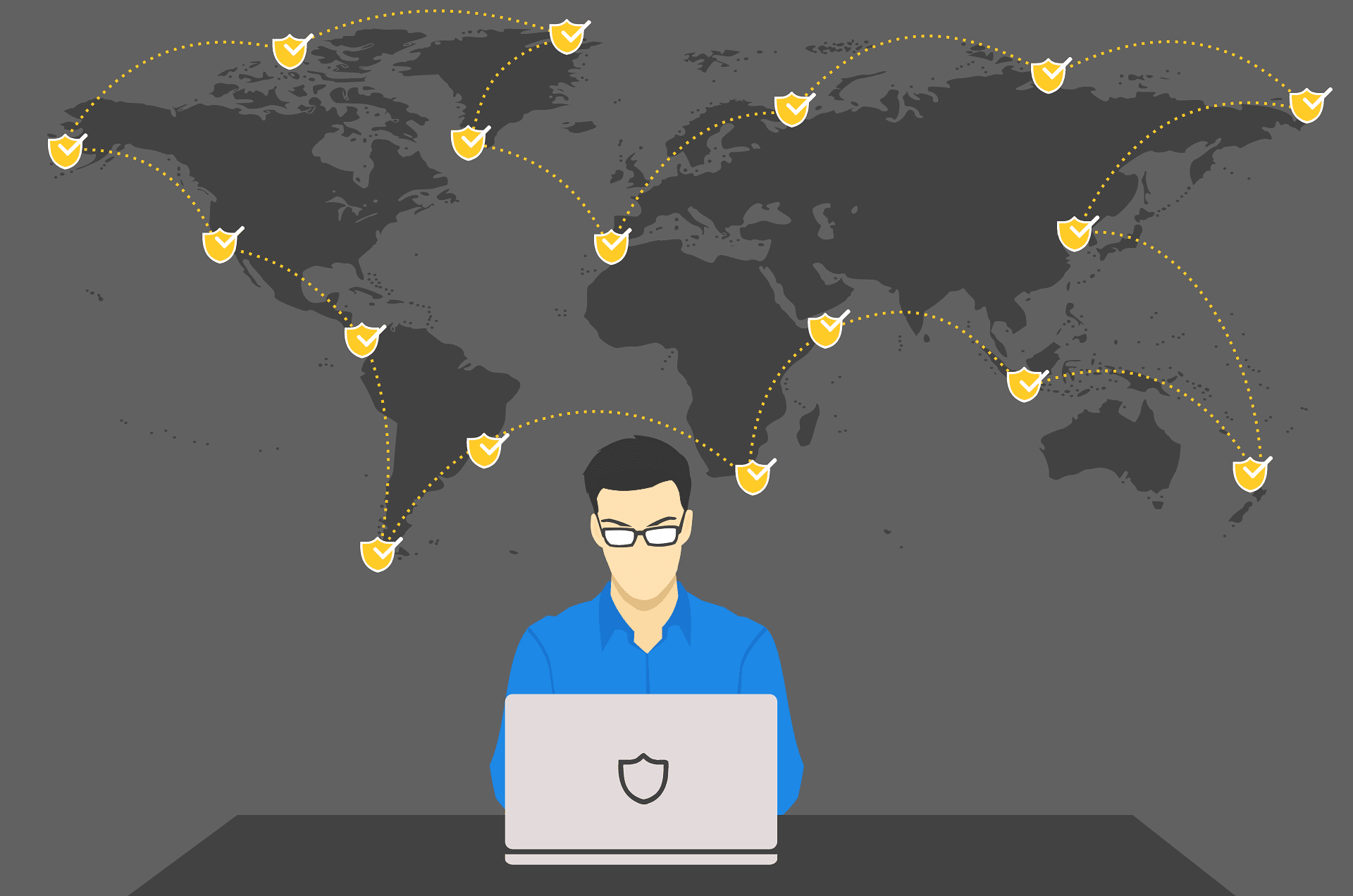 Illustration of a person using a laptop with a global cybersecurity network represented by shields and dotted connections on a world map background.