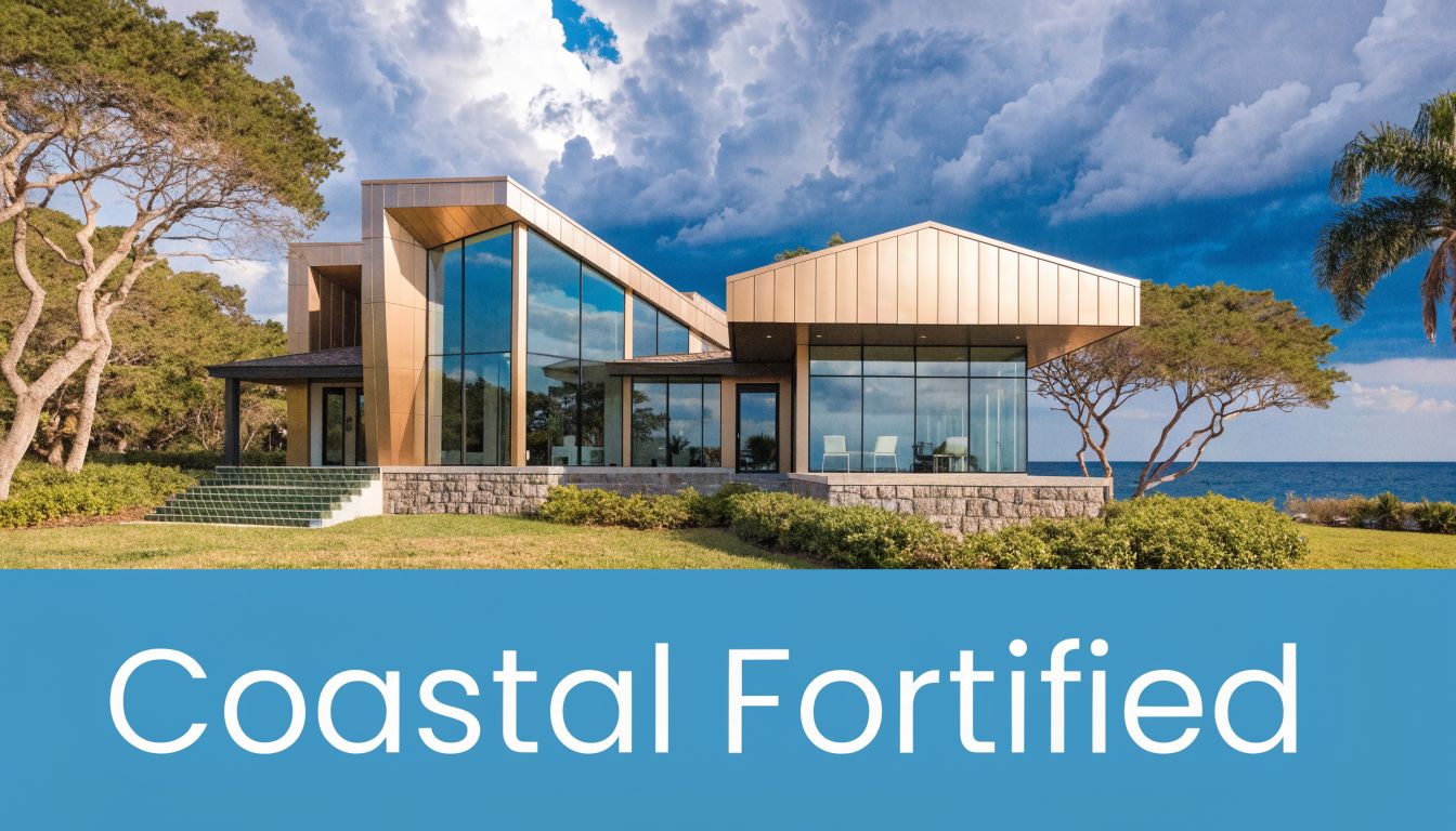 A modern luxury custom home with metallic roofing and floor to ceiling windows overlooking the blue ocean.