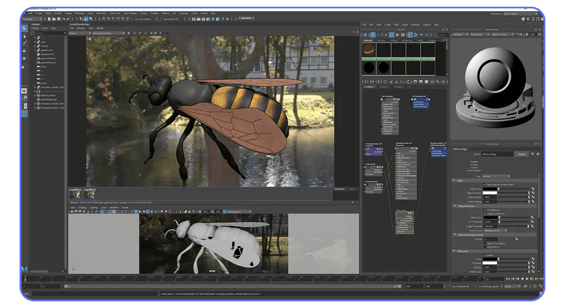 3D wasp model in Autodesk Maya scene with shader nodes and texture editor visible on the right panel.