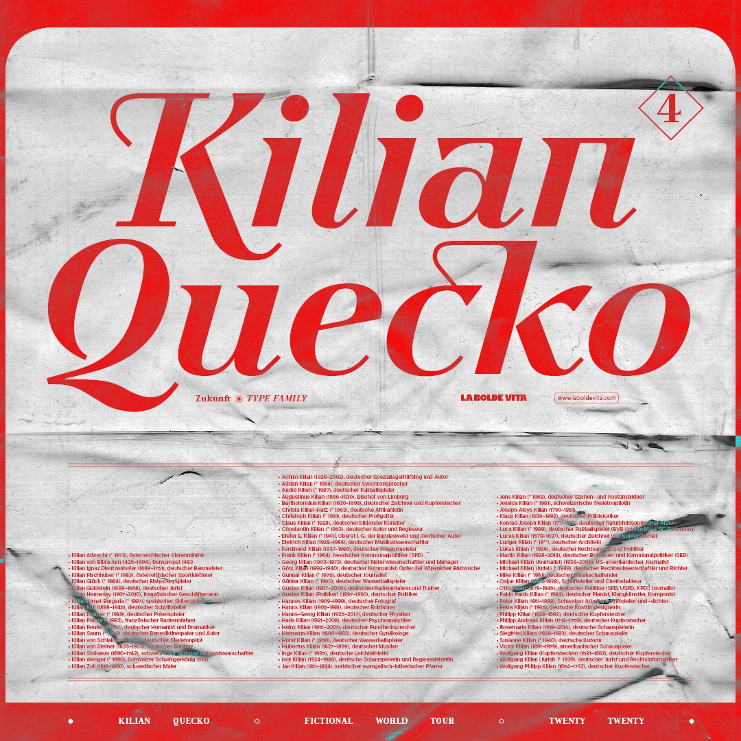 a red on white specimen poster with a big headline in Zukunft Italic featuring swashes and discretionary ligatures