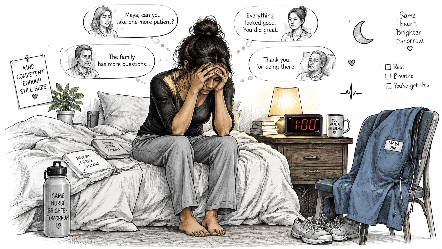A exhausted nurse sits on her bed at night, overwhelmed by thoughts of her challenging clinical work day.