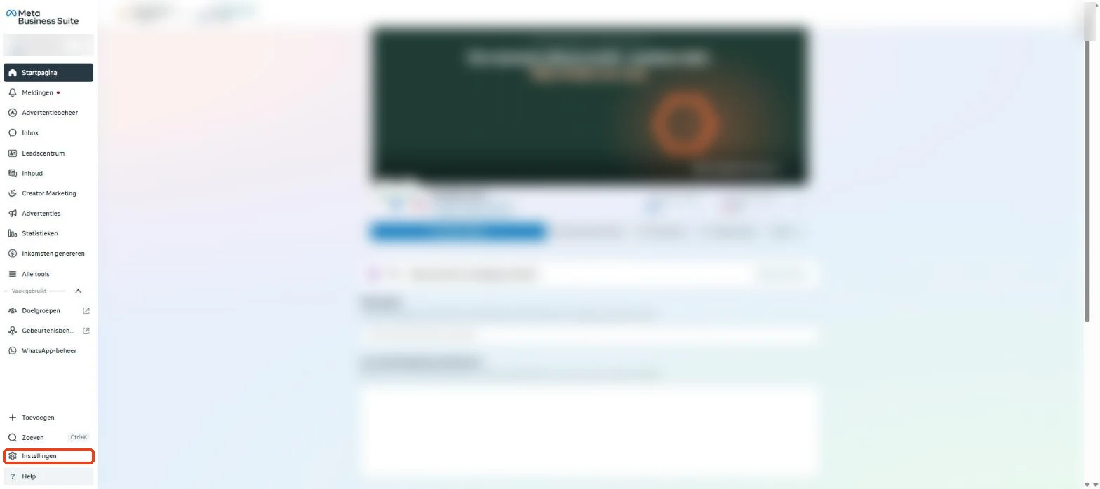 Meta Business Suite: Instellingen linksonder in het menu