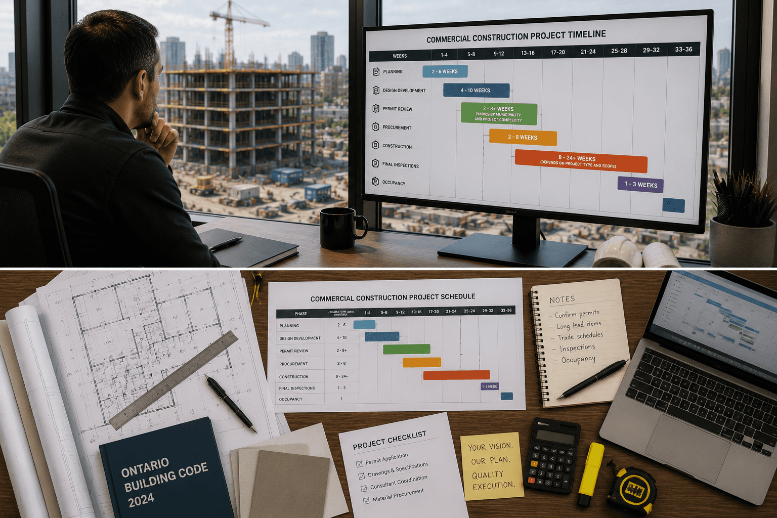 Project manager reviewing a commercial construction schedule and project timeline while overlooking an active commercial construction site in Ontario.