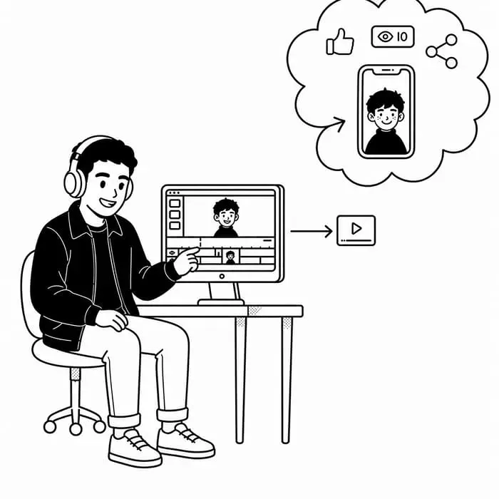 Person editing video content at a desk, with social media icons and video publishing elements displayed above.