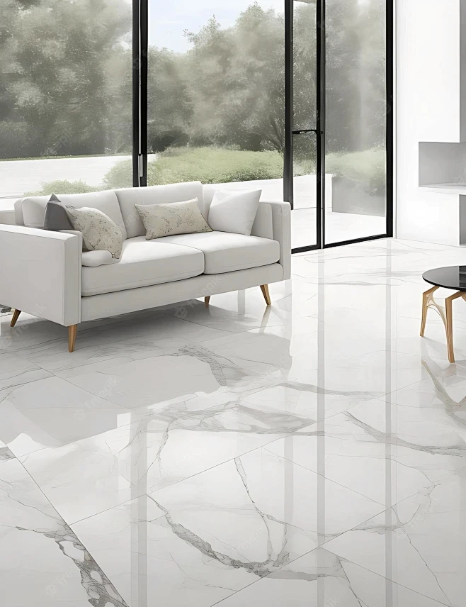 A bright, airy living room with large white marble floor tiles and a modern sofa, featuring a garden view through glass doors.