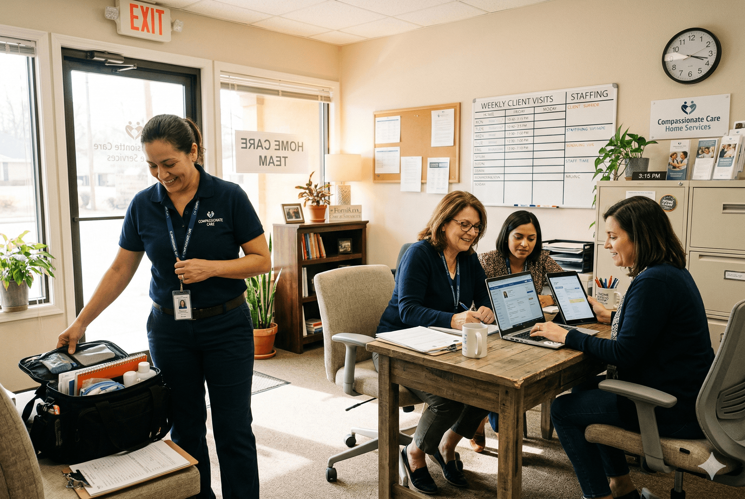 An owner operated home care agency office with a small team reviewing client intake notes on a laptop and tablet while a caregiver prepares to visit an older adult at home, warm natural light, modern but modest workspace, Shot on Fujifilm X-T4, aspect ratio 3:2