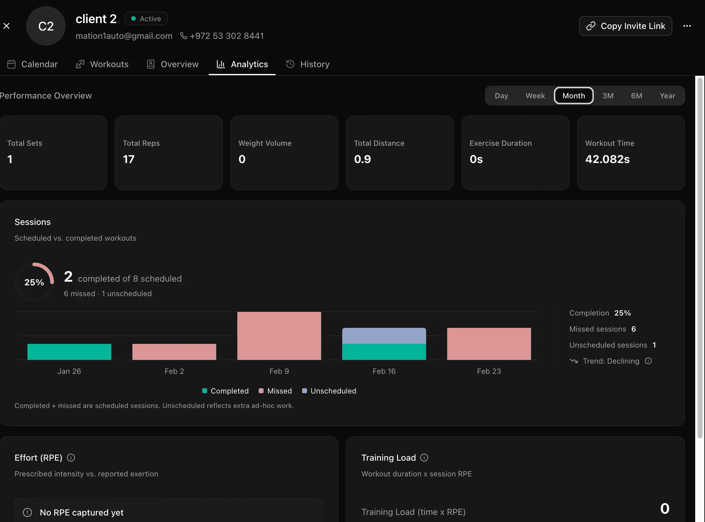 Workout analytics dashboard showing athlete progress and load tracking