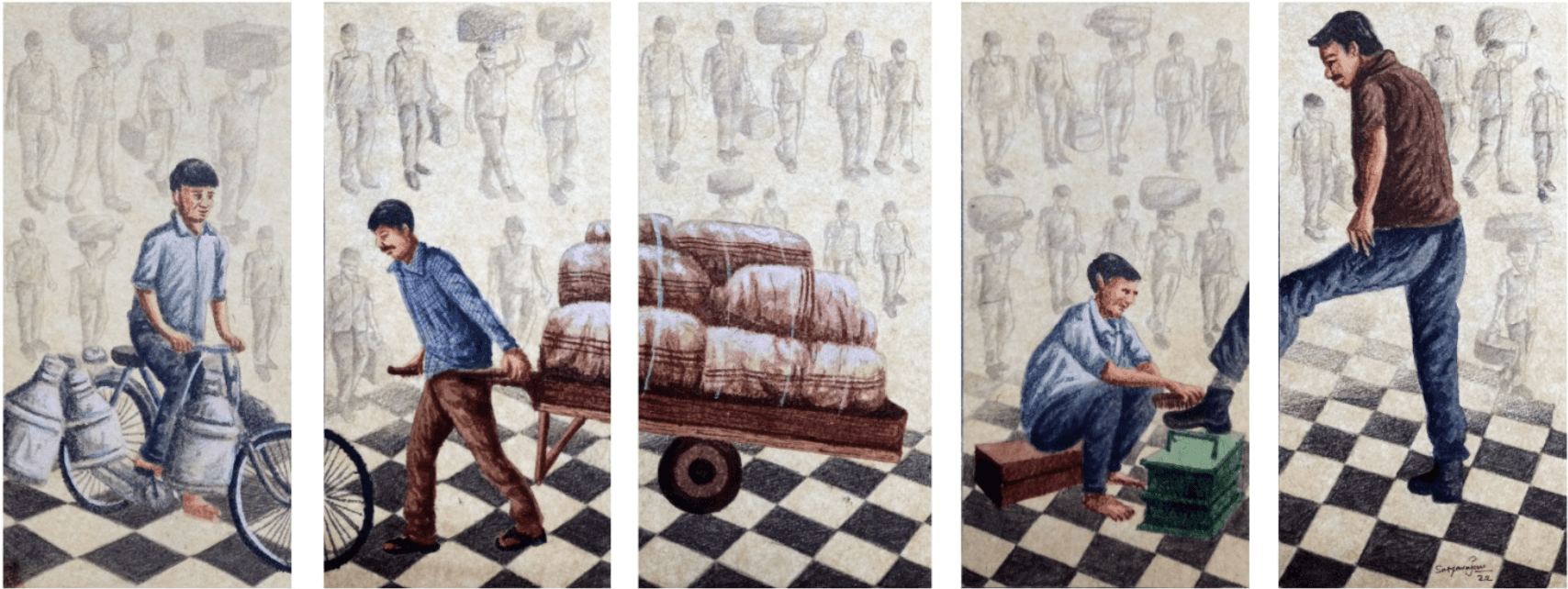 herd of sheep on road painting