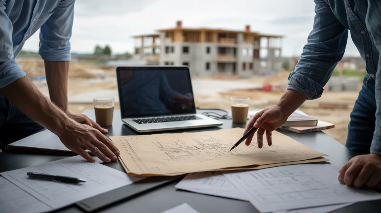 Baubesprechung mit Bauplänen und Laptop auf Baustelle – Projektmanagement Bau & Immobilien